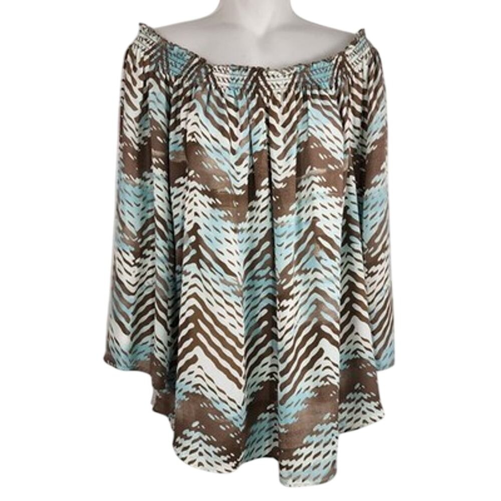 Chico's Womens Haute Herringbone Printed Blue Brown 3/4 Sleeve Off Shoulder XL